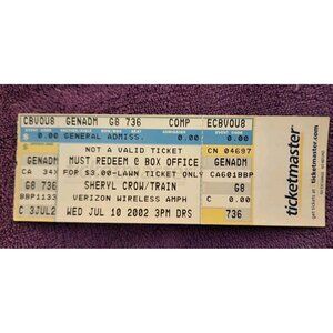 Sheryl Crow Train Concert Stub charlotte nc 7/10/2002